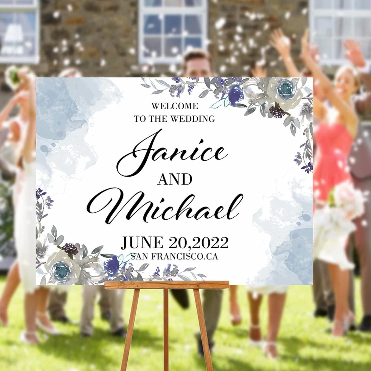 Personalized Blue Floral Wedding Welcome Sign