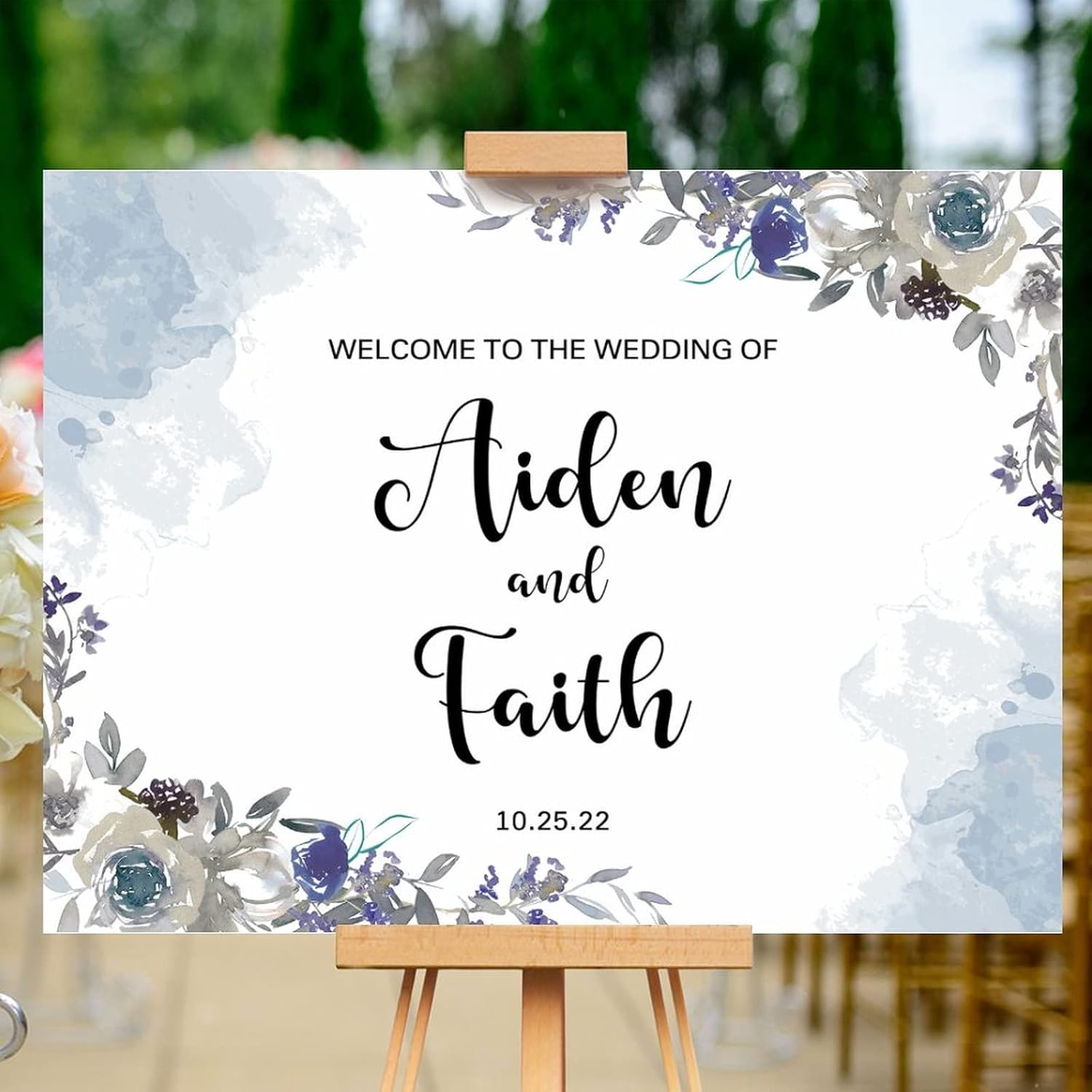 Customizable Blue Floral Luxury Wedding Welcome Sign