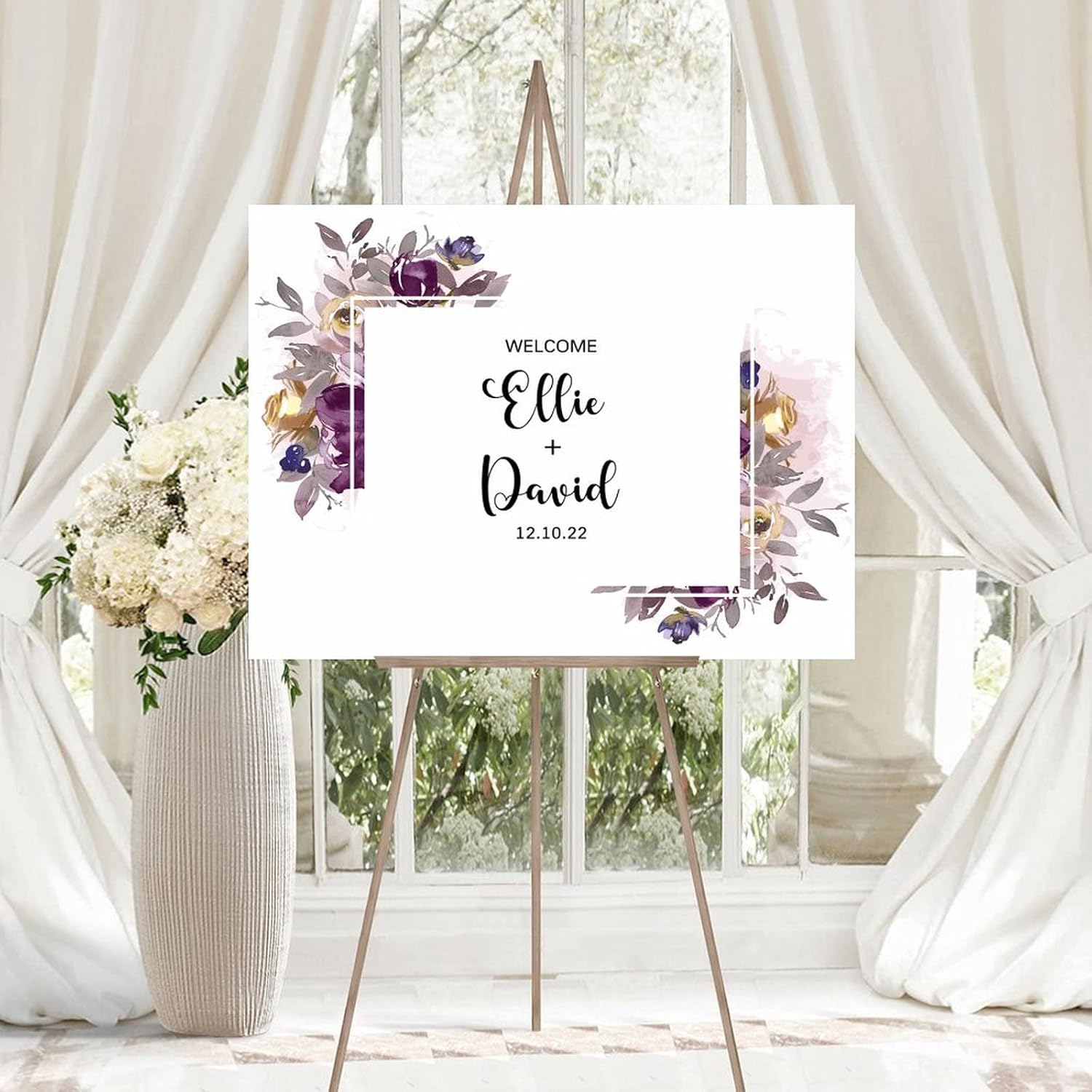 Custom Purple Floral Wreath Wedding Sign 12x16 Inch