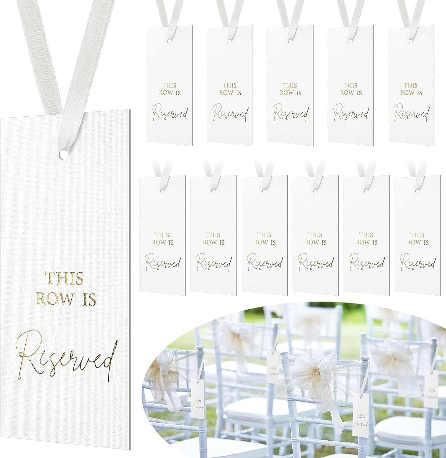 Clabby 12 Pack Gold Reserved Chair Signs with Ribbon