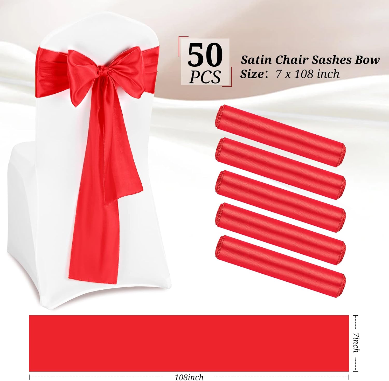 Pesonlook 50PCS Red Satin Chair Sashes for Decor