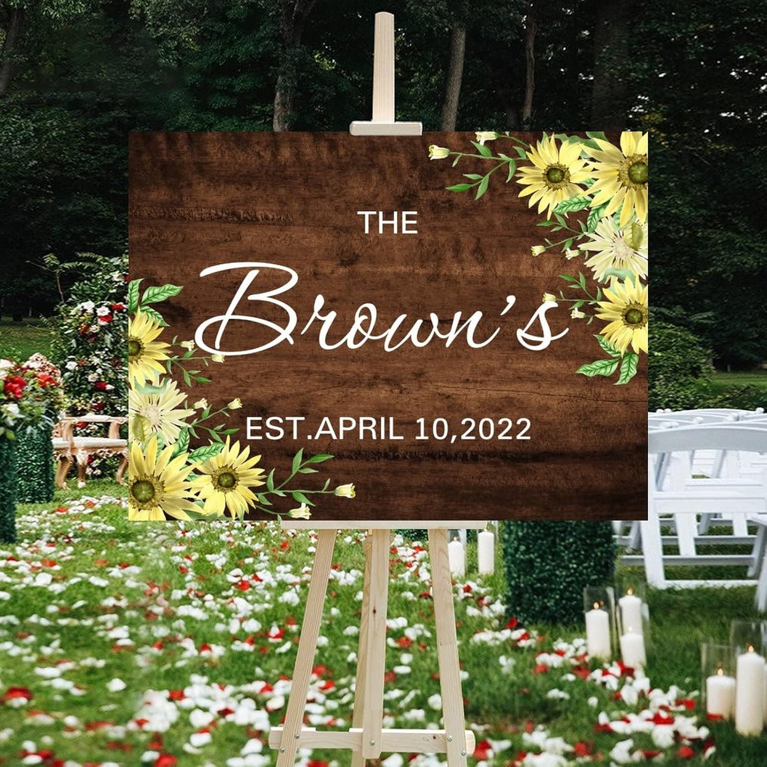 Customizable Wedding Welcome Sign Sunflower Brown Wood