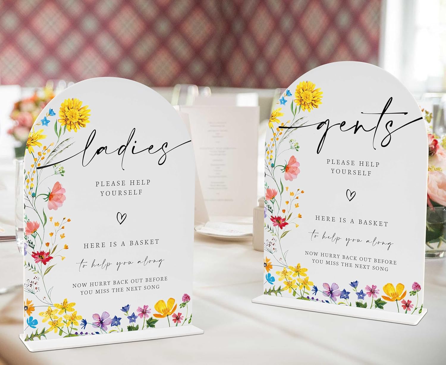 2 Pcs Floral Wedding Bathroom Signs with Holder
