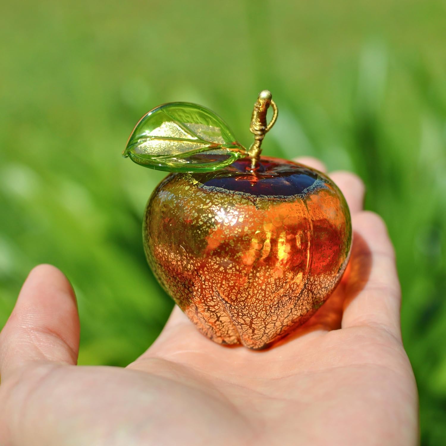 Murano Glass Hand Blown Amber Apple Figurine 3 Inch Tall