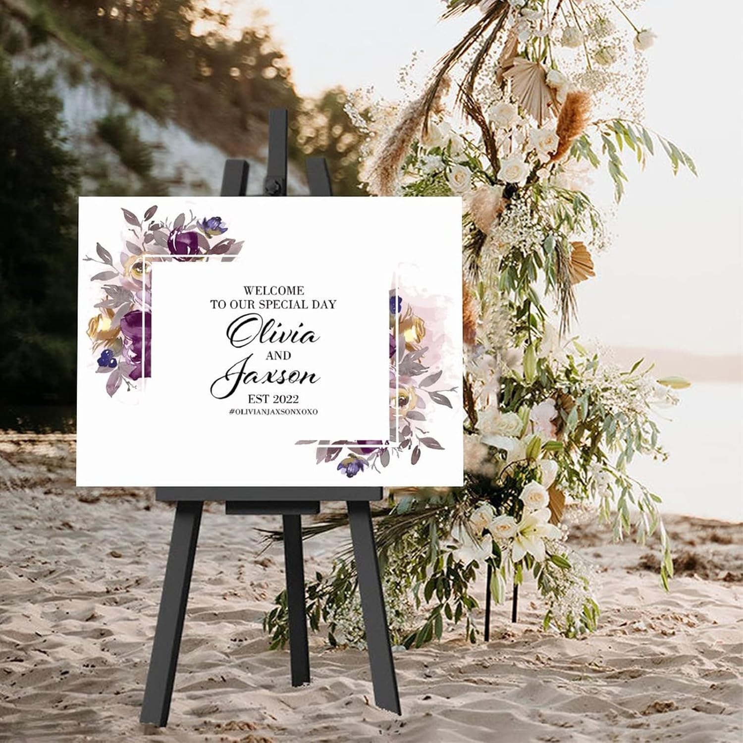 Alioyoit Personalized Wedding Welcome Sign with Purple Floral Wreath