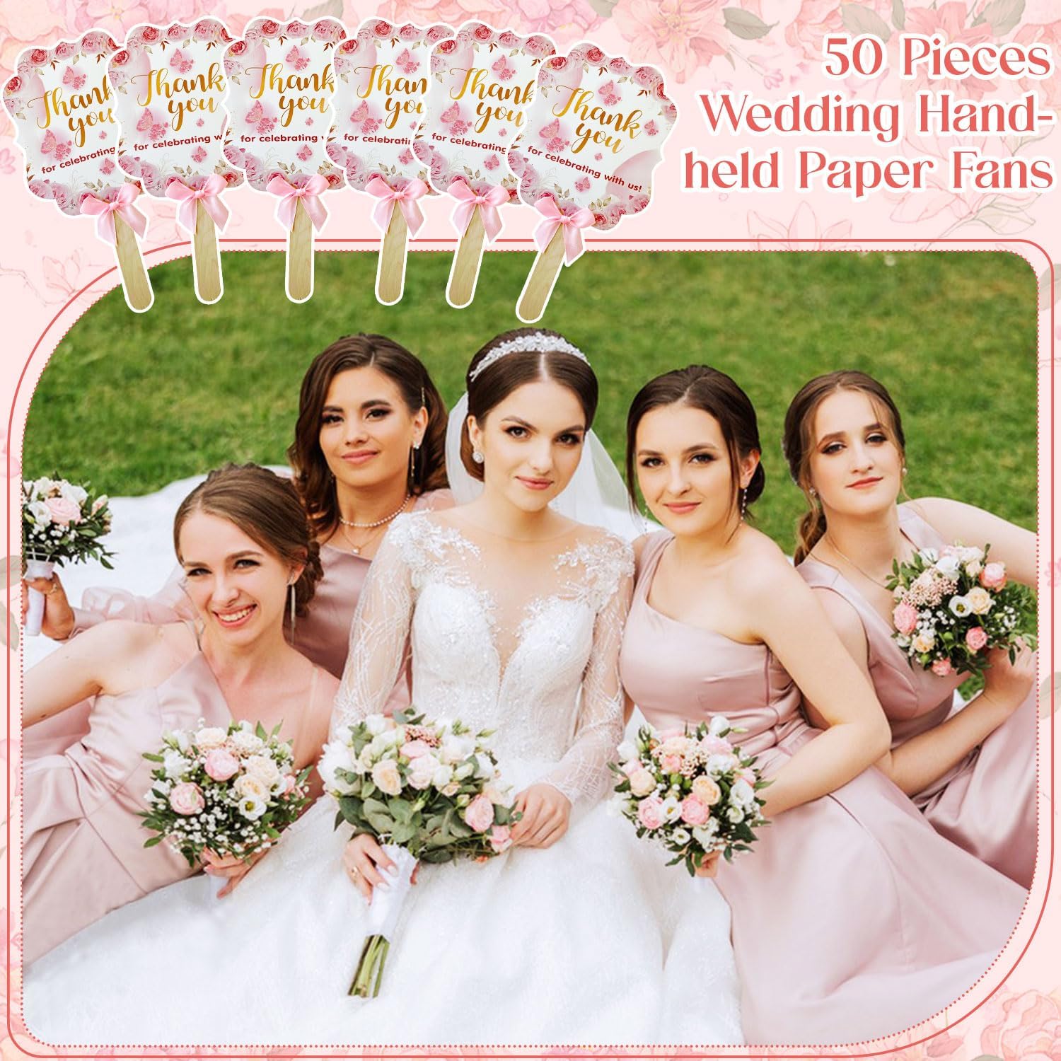 50 Pink Wedding Fans with Wood Sticks and Bows