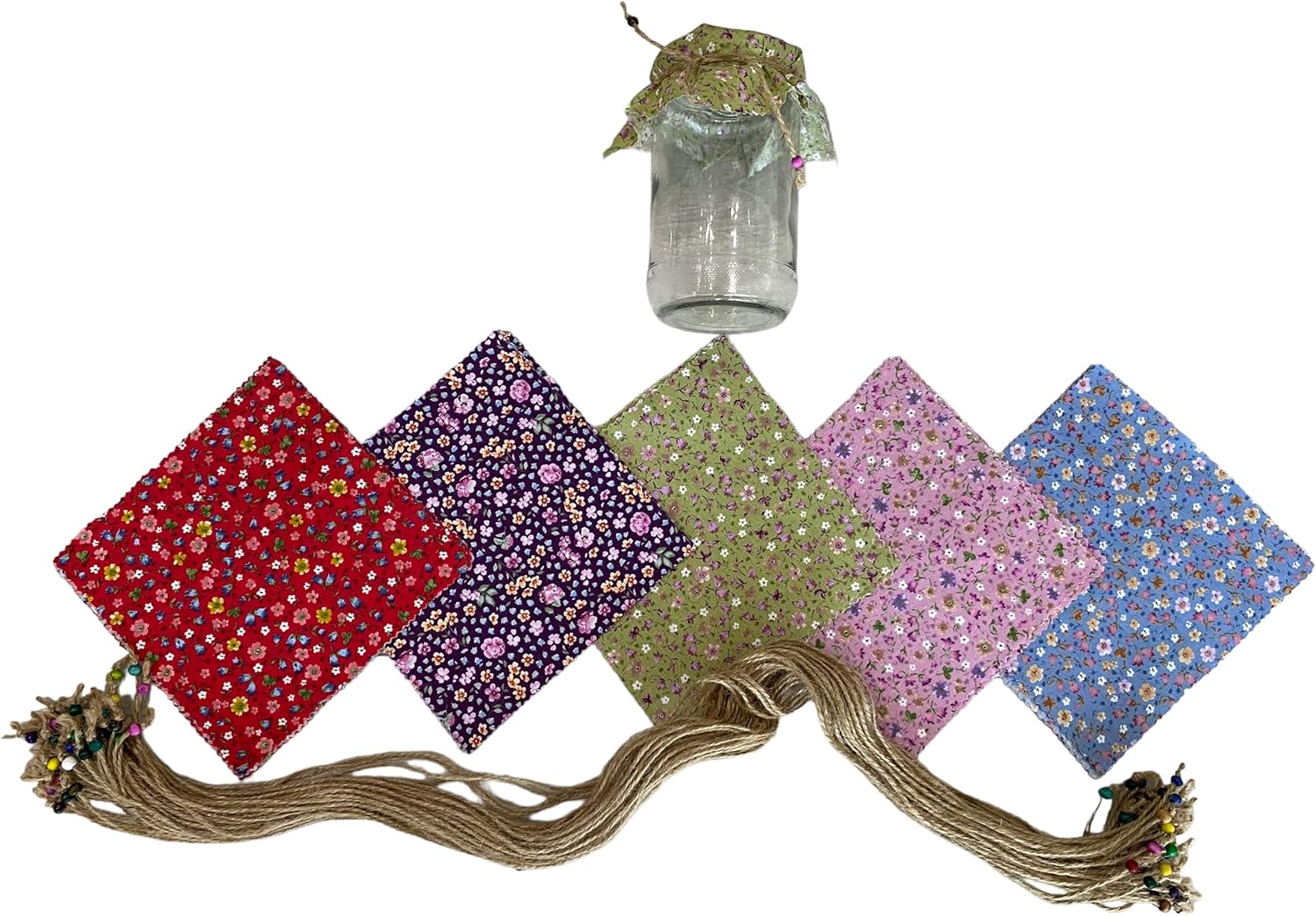 50 Pieces 100 Cotton Flowered Jar Cover Cloth With Beaded Jute Rope