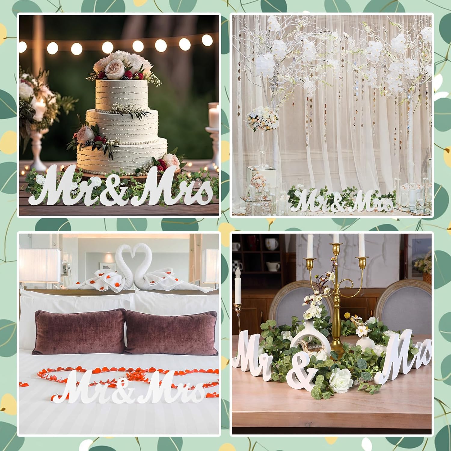 2pcs White Mr Mrs Wedding Table Signs with Artificial Flowers Garland