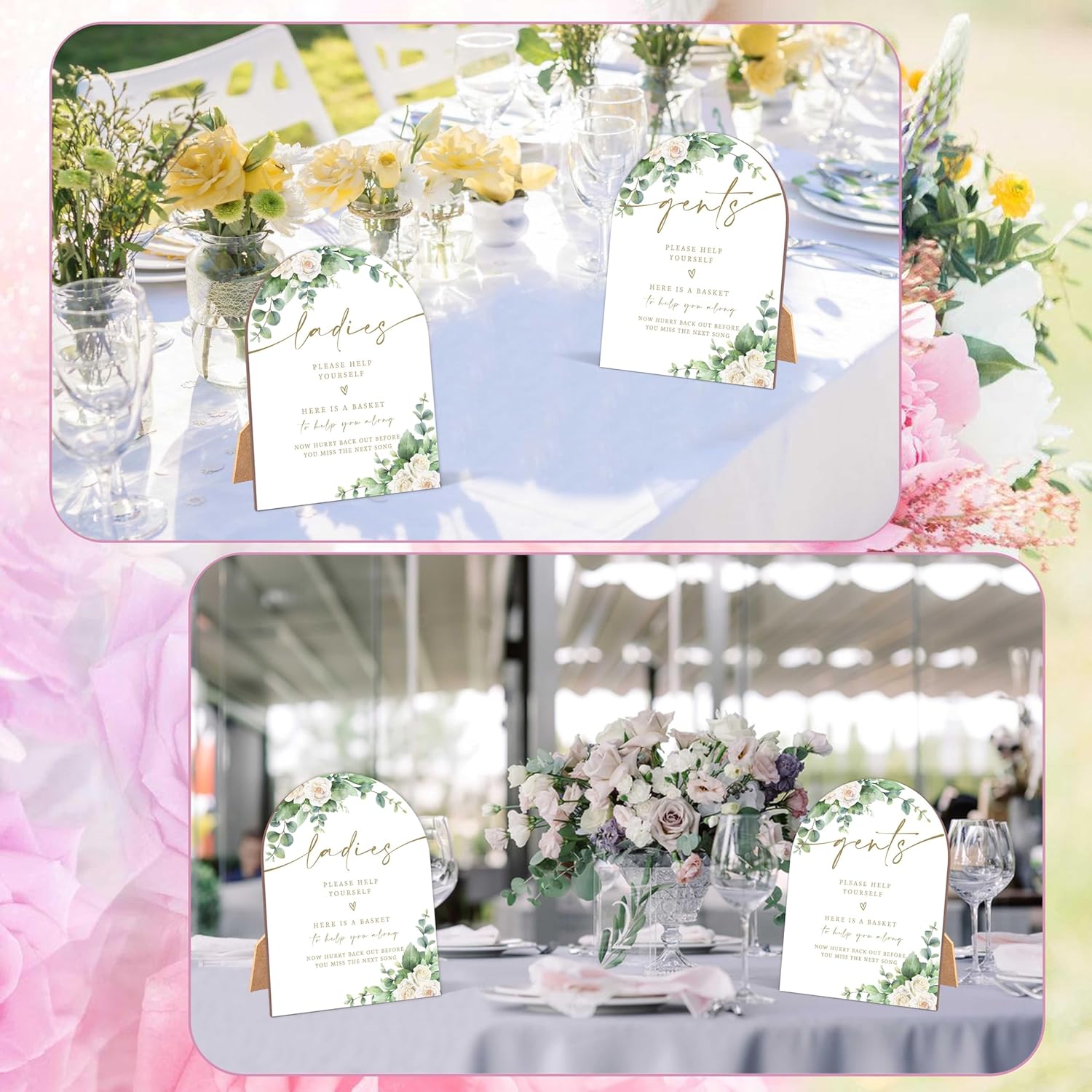 2 Pack White Rose Wedding Signs with Stand
