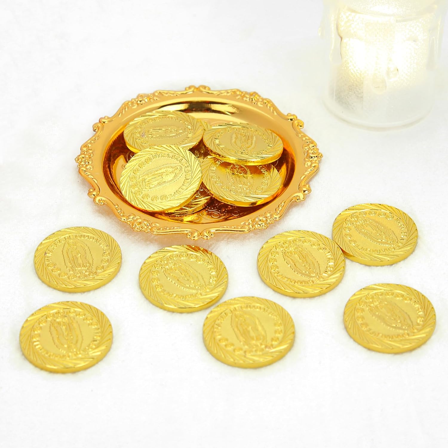 Catholic Wedding Arras Set with Gold Coins and Decorative Tray