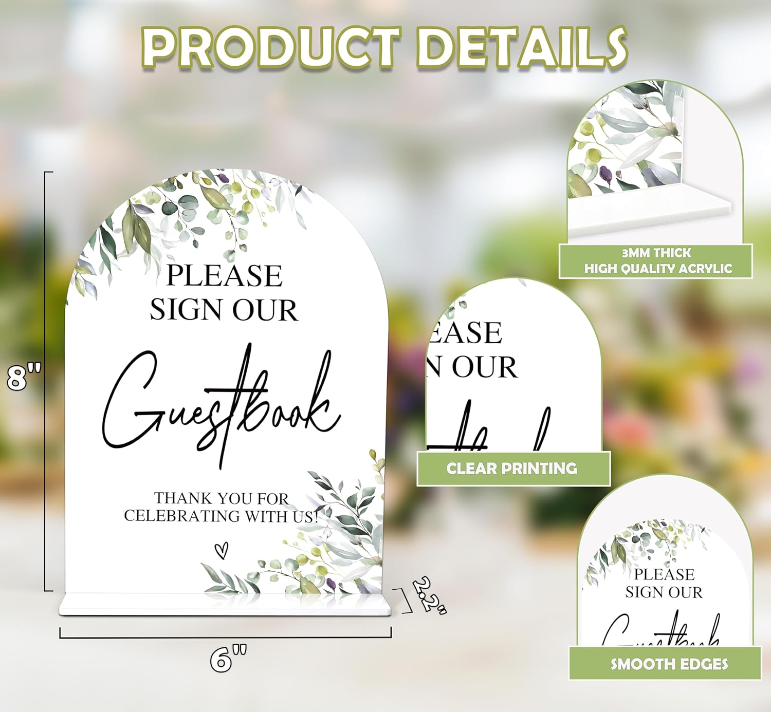 Greenery Guestbook Sign 6x8 Inch White Arch Acrylic Wedding Sign with Holder