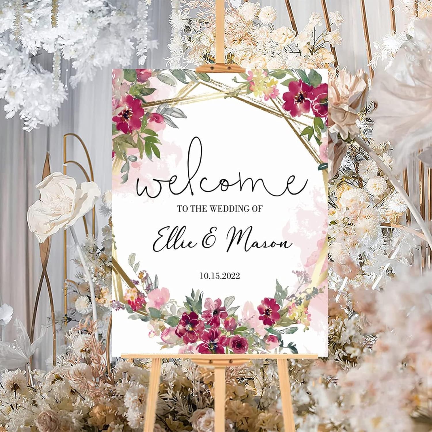 Custom Pink Floral Wood Wedding Welcome Sign 12x16 Inch