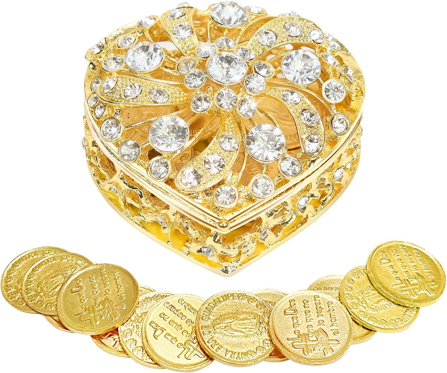 Wedding Arras Coins Set - Gold Heart Box with 13 Virgen of Guadalupe Coins