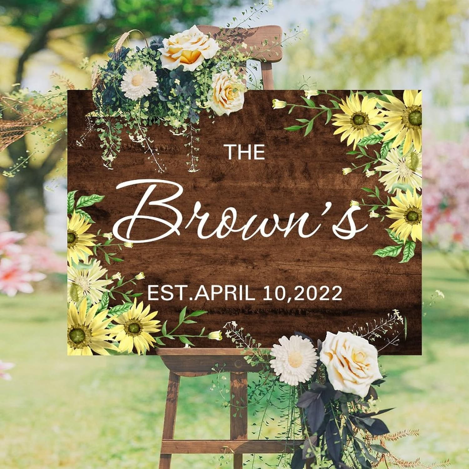 Customizable Wedding Welcome Sign Sunflower Brown Wood