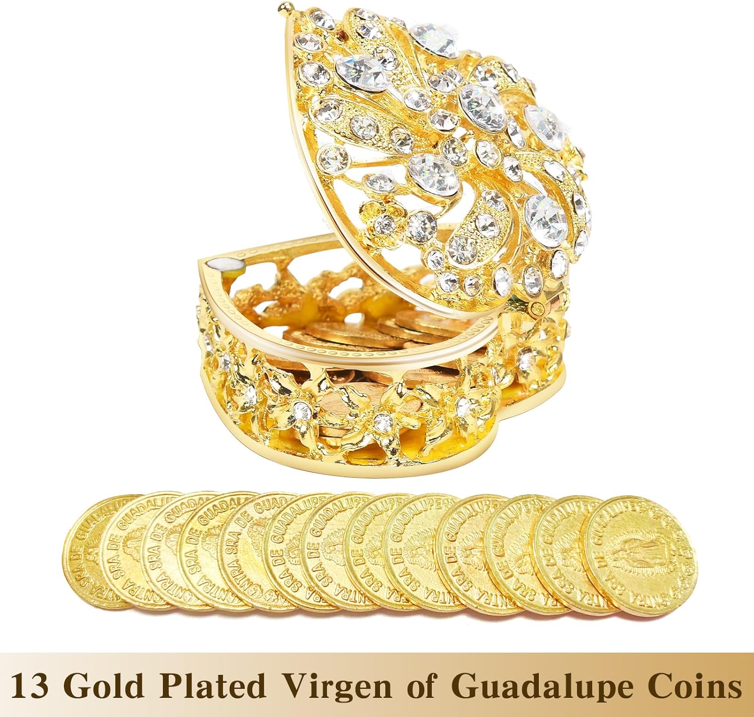 Wedding Arras Coins Set - Gold Heart Box with 13 Virgen of Guadalupe Coins