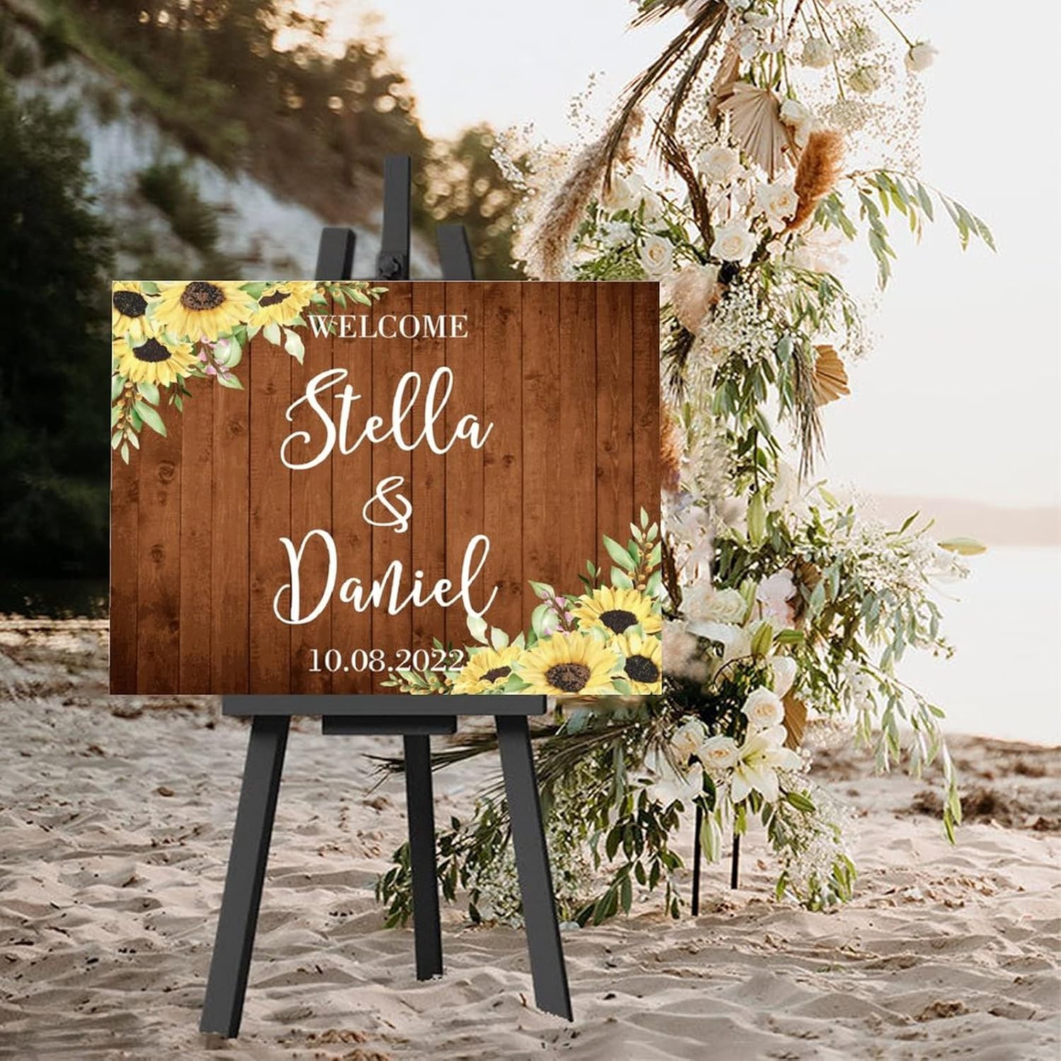 Wedding Welcome Sign Sunflower Brown Wood Customizable
