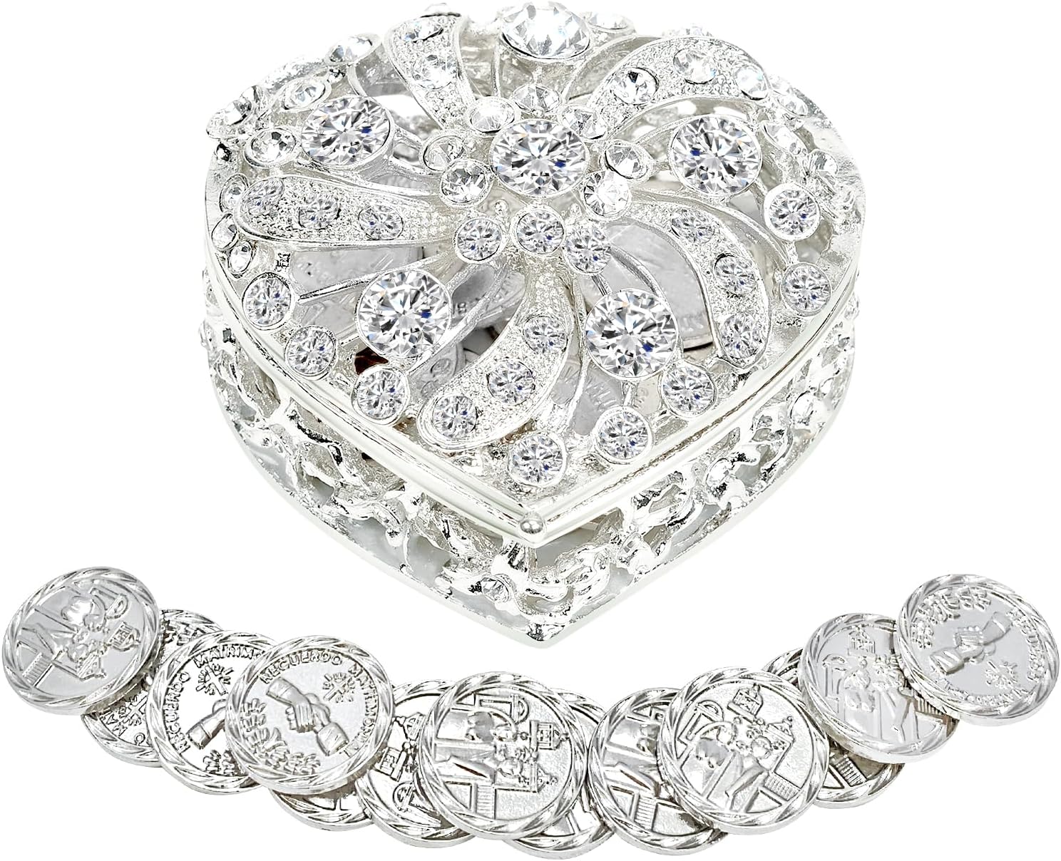 Catholic Wedding Arras Coins Set with Rhinestone Box