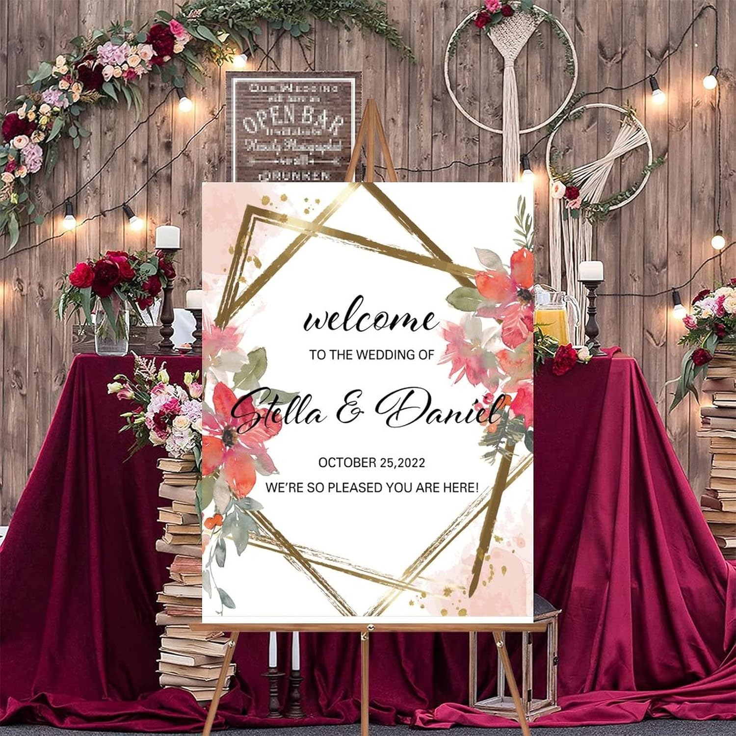 Alioyoit Personalized Red Floral Wedding Welcome Sign 12x16 Inch