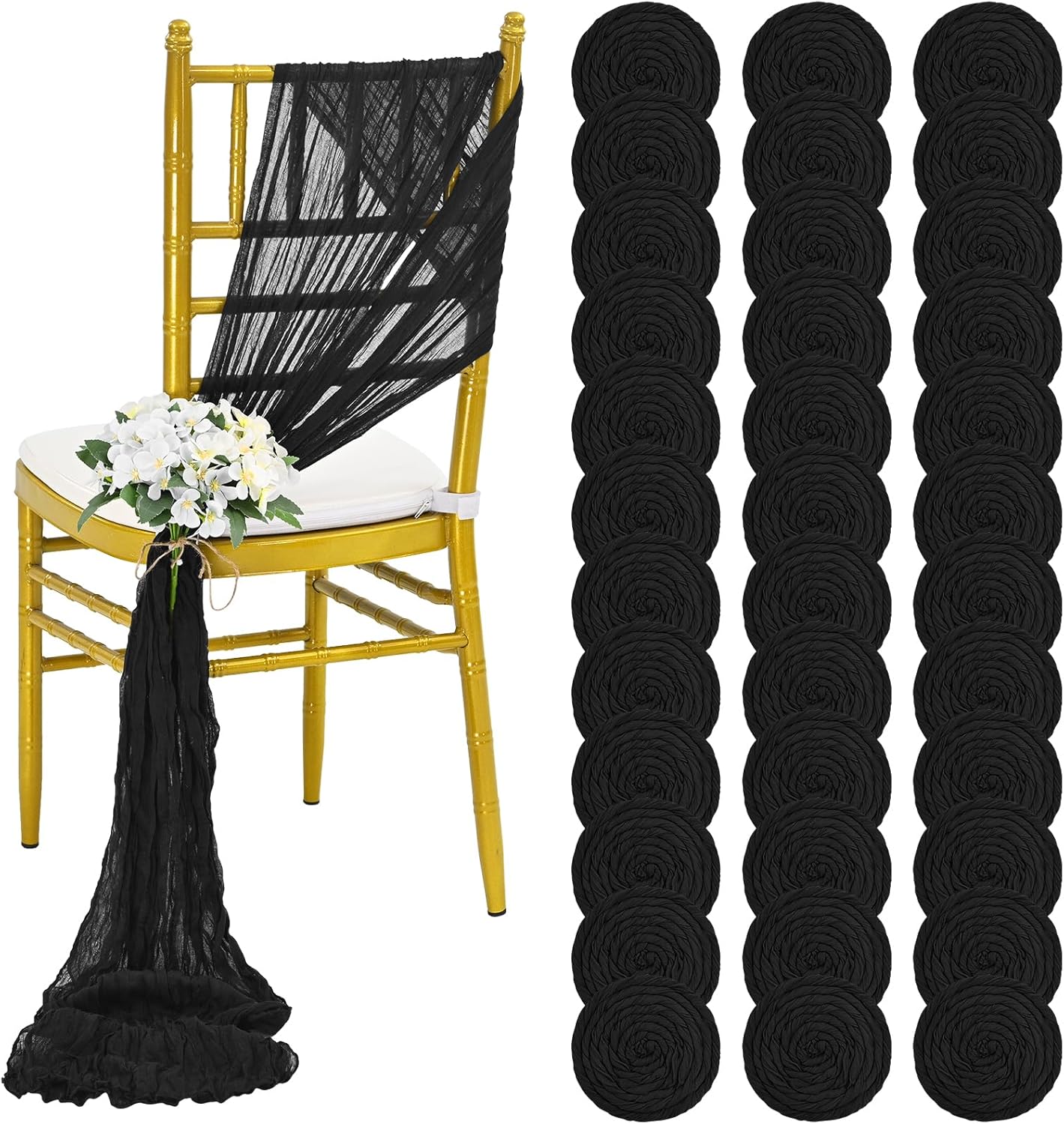 36 Pcs Black Cheesecloth Chair Sashes for Weddings and Parties