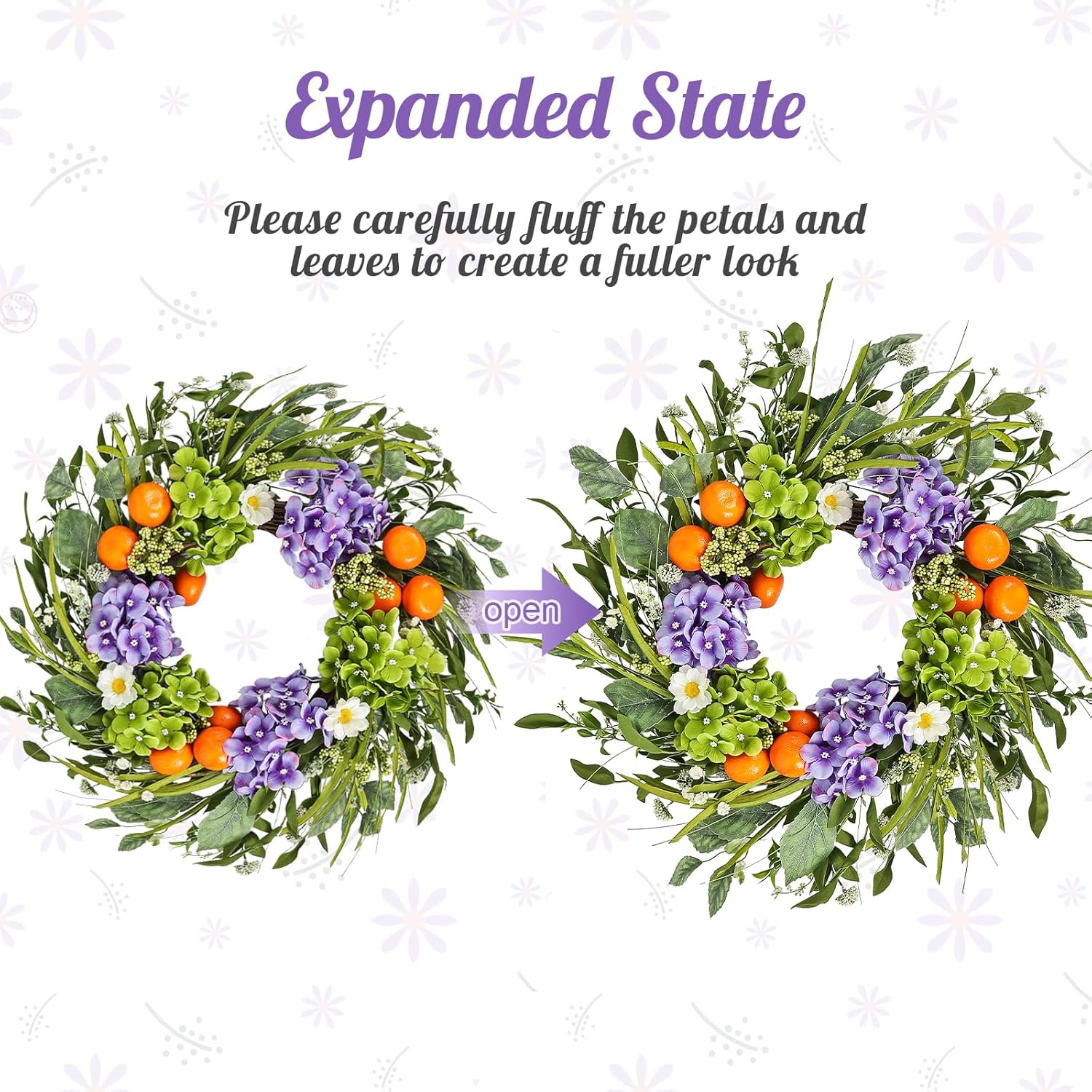 24 Inch Artificial Hydrangea Wreath with Realistic Fruit and Green Leaves