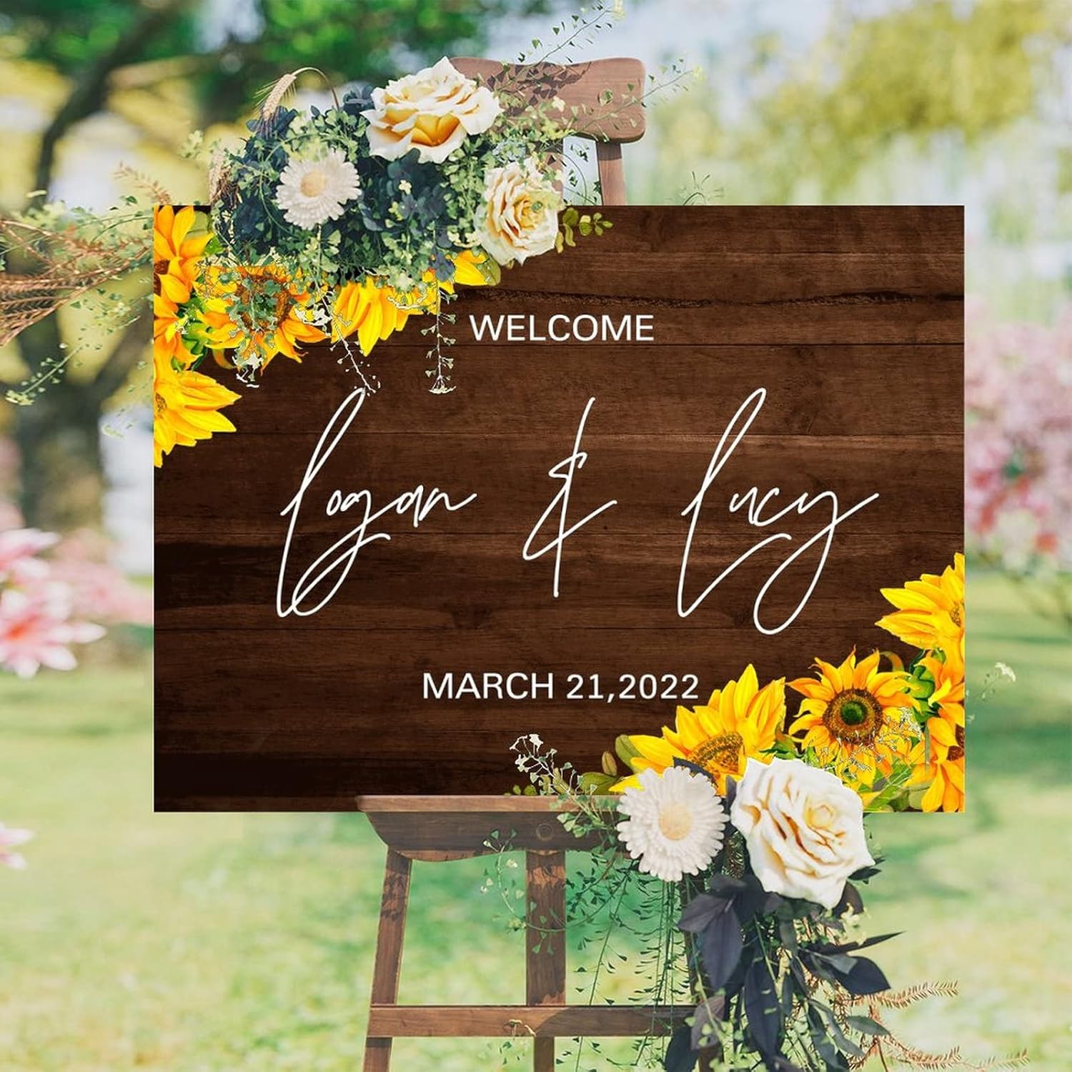 Customizable Wood Wedding Welcome Sign with Sunflowers