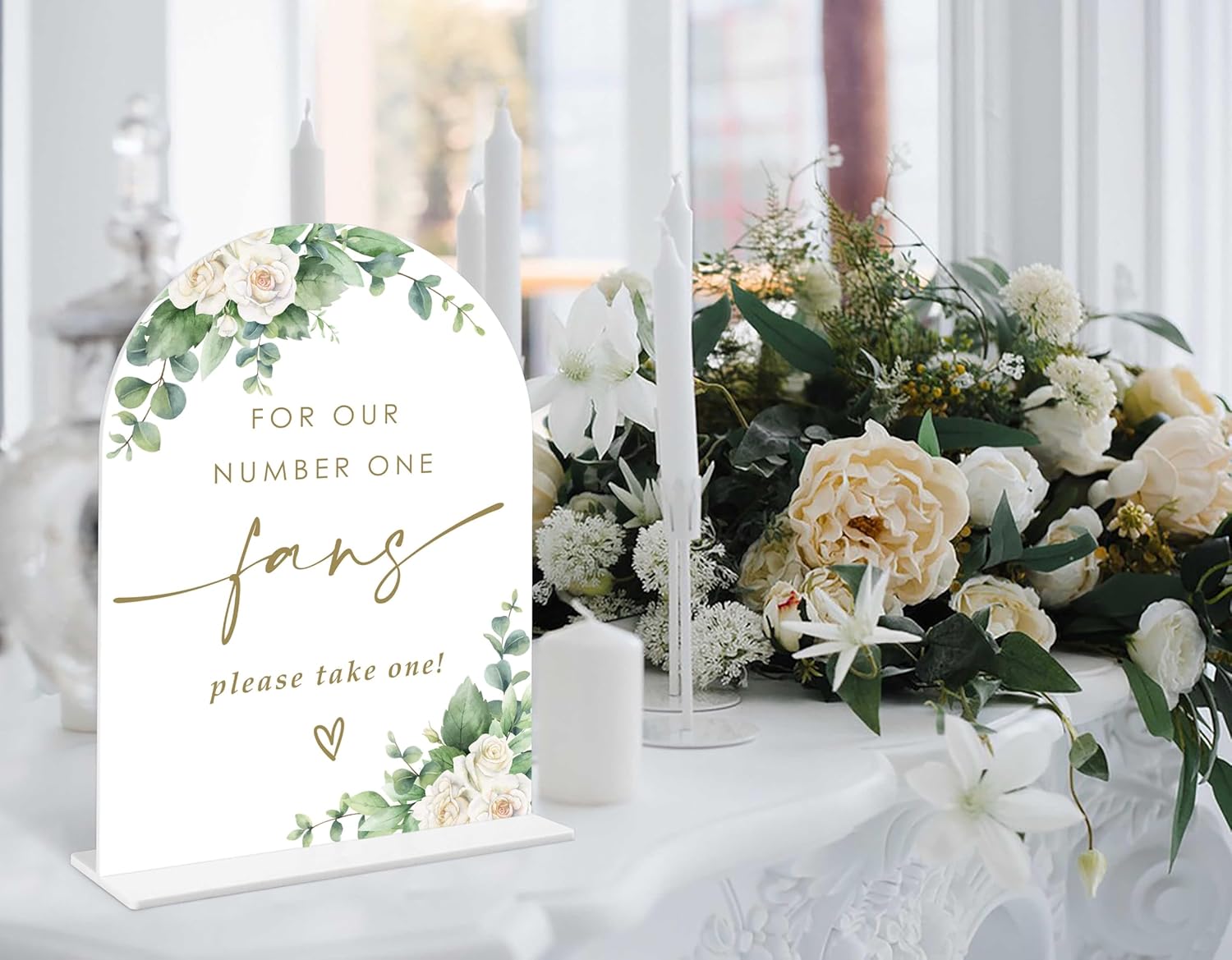 Eucalyptus Rose Wedding Fan Sign 6x8 Inch White Acrylic Wedding Arch with Holder