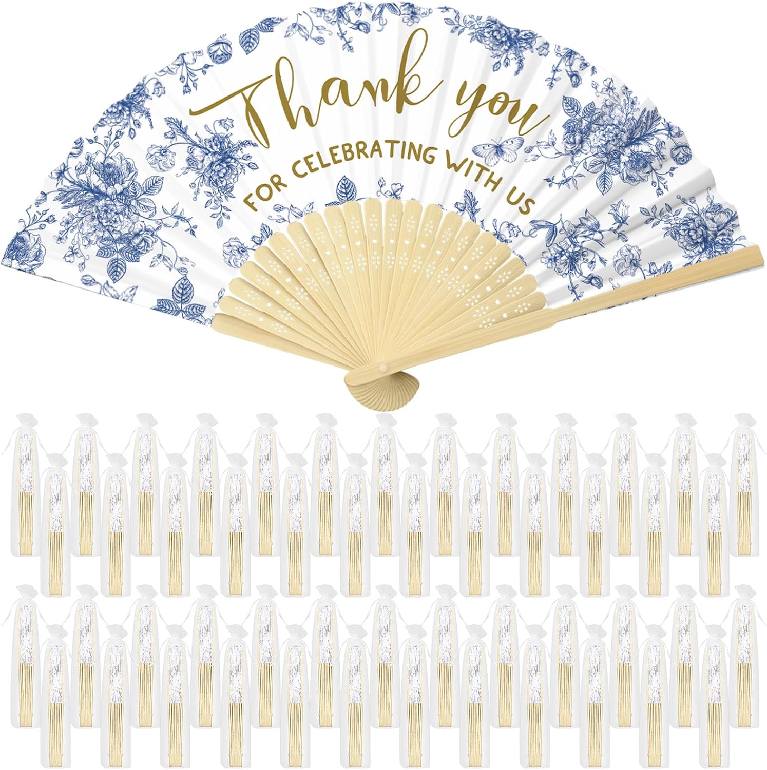 50 Pcs Wedding Foldable Fans with Organza Bags