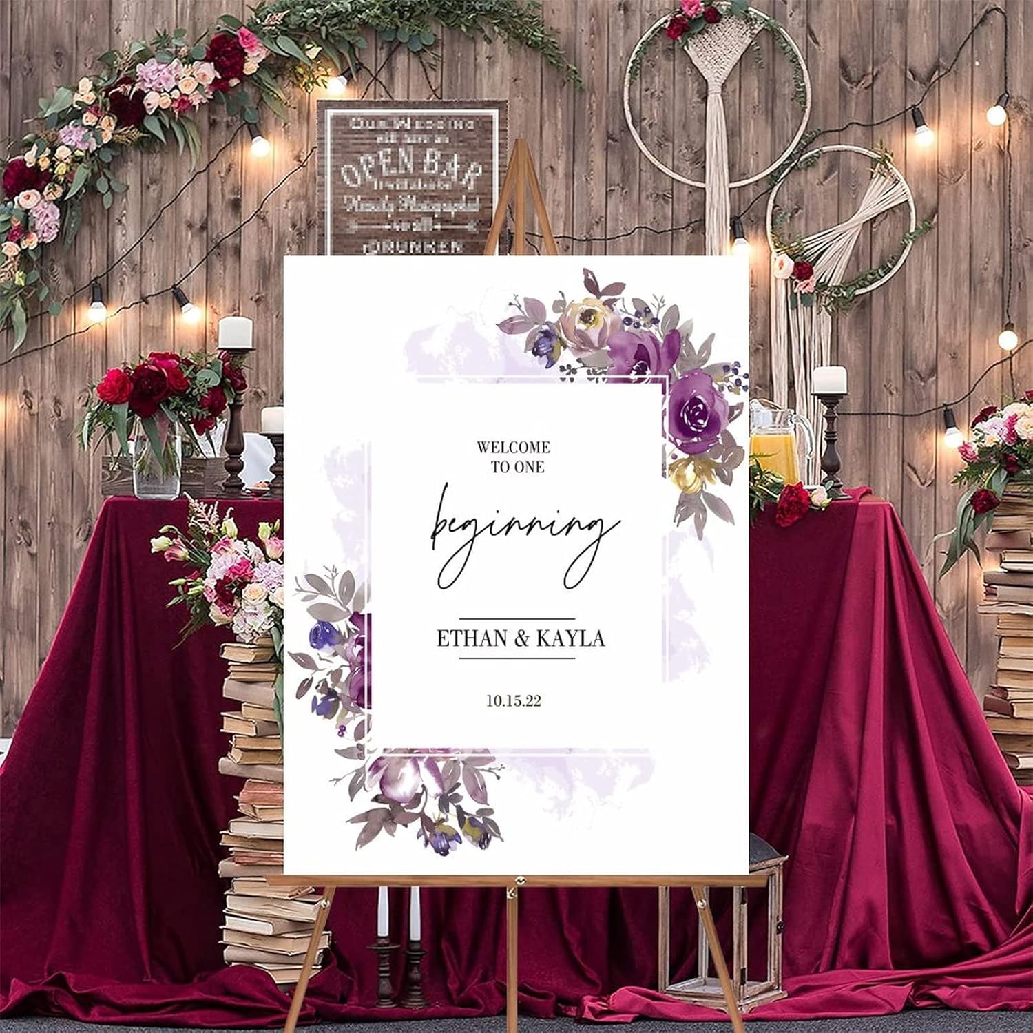 Alioyoit Personalized Purple Floral Wedding Sign