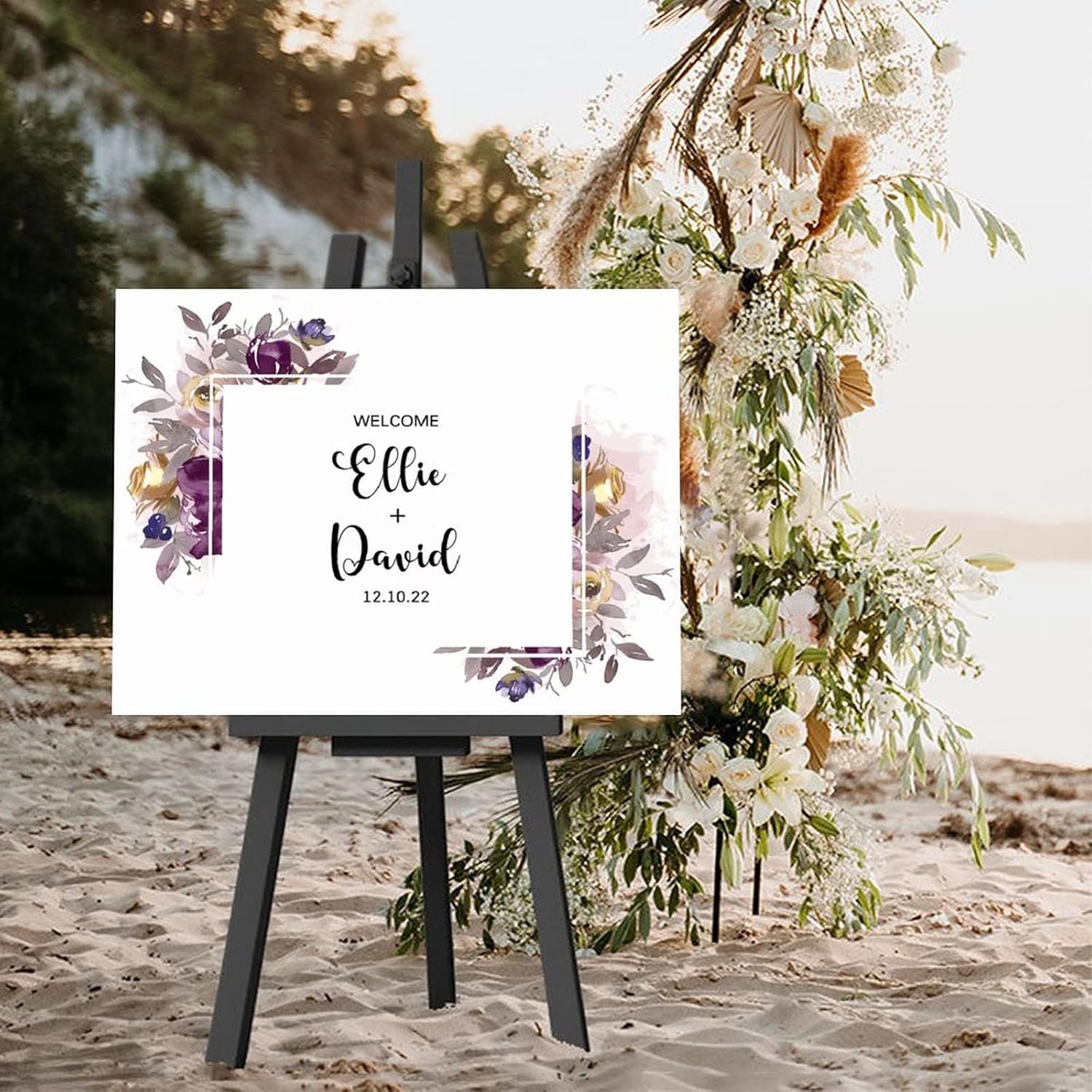 Custom Purple Floral Wreath Wedding Sign 12x16 Inch