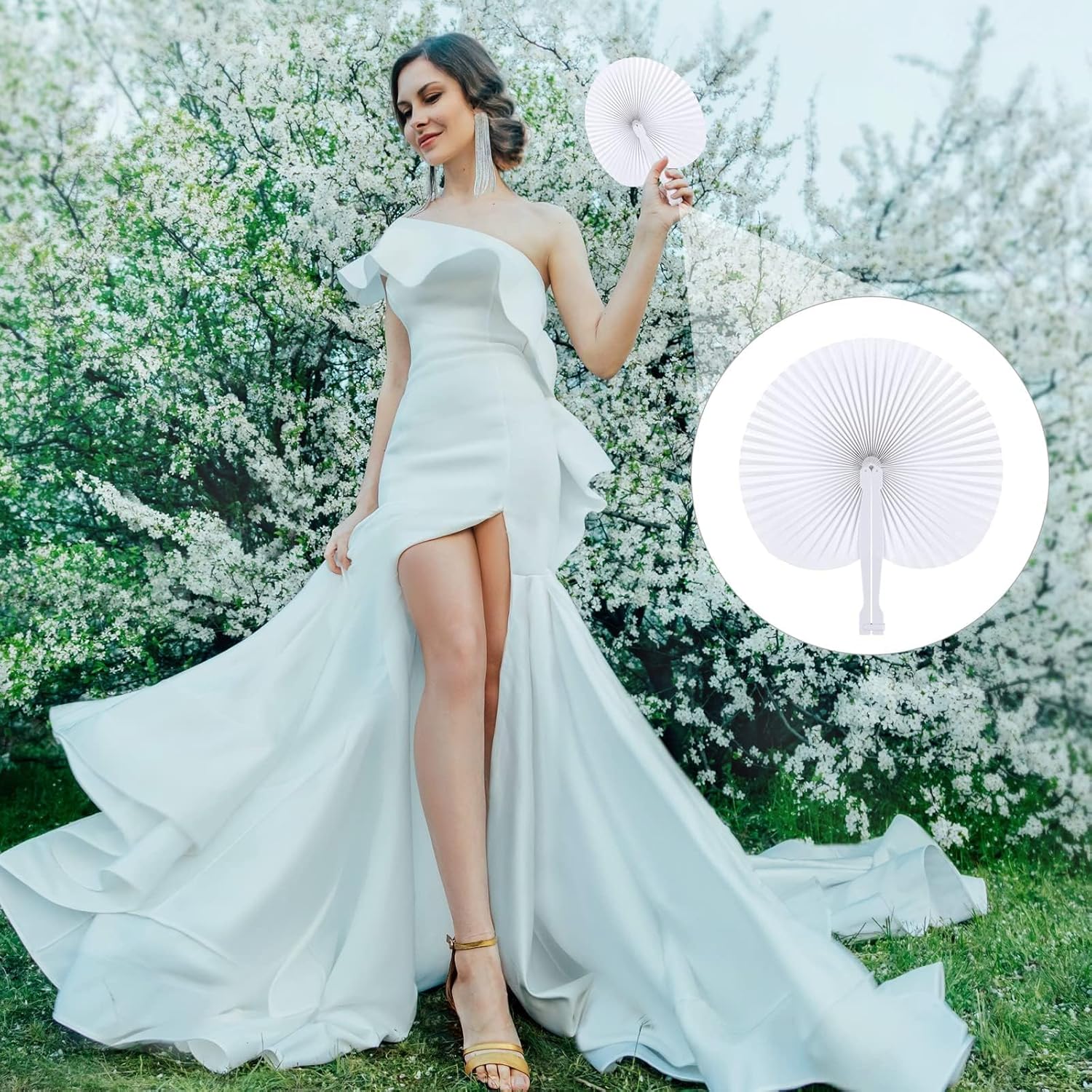 Aodaer 120 Pack White Paper Fans with Plastic Handles