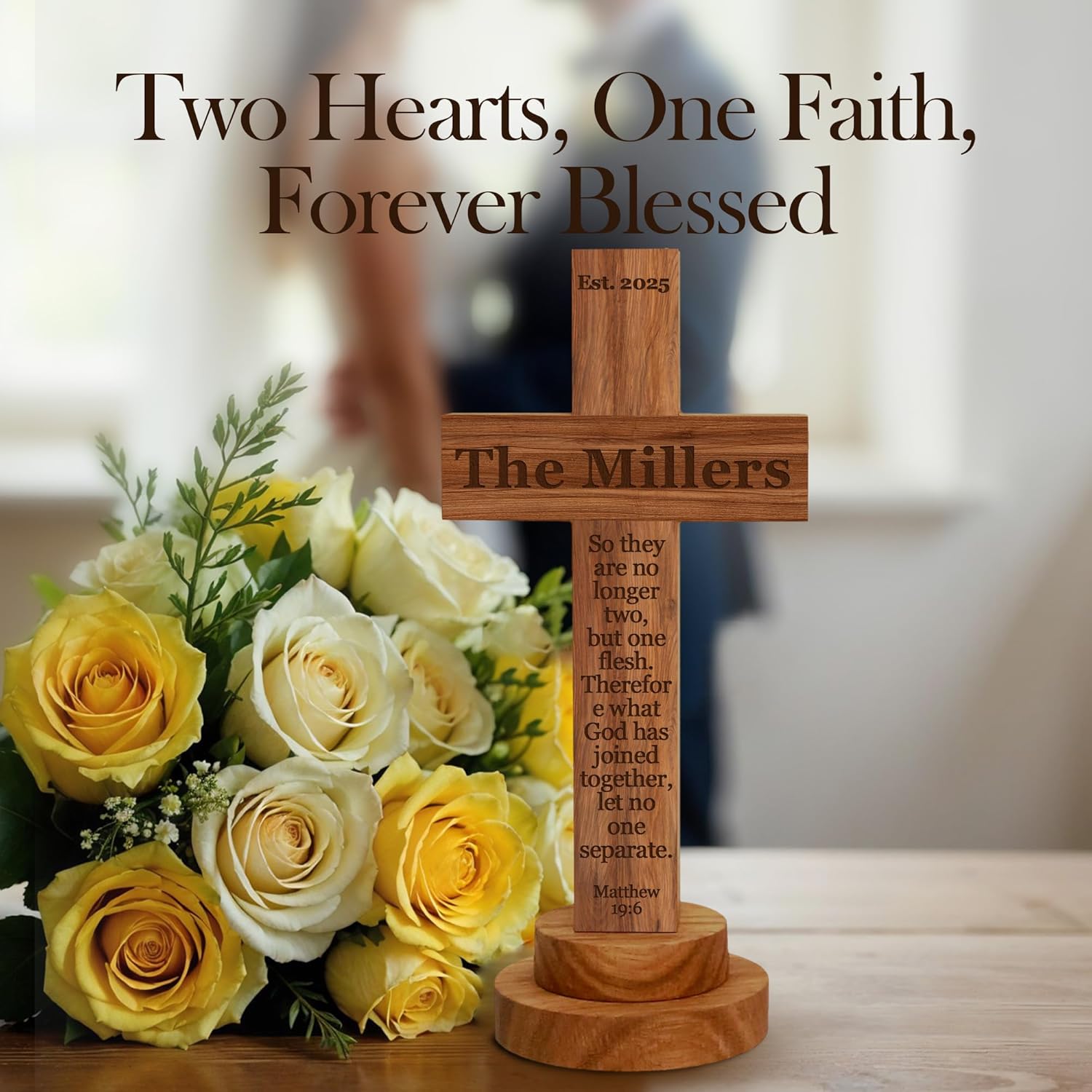 Personalized Wedding Cross Wood Sign with Engraved Names