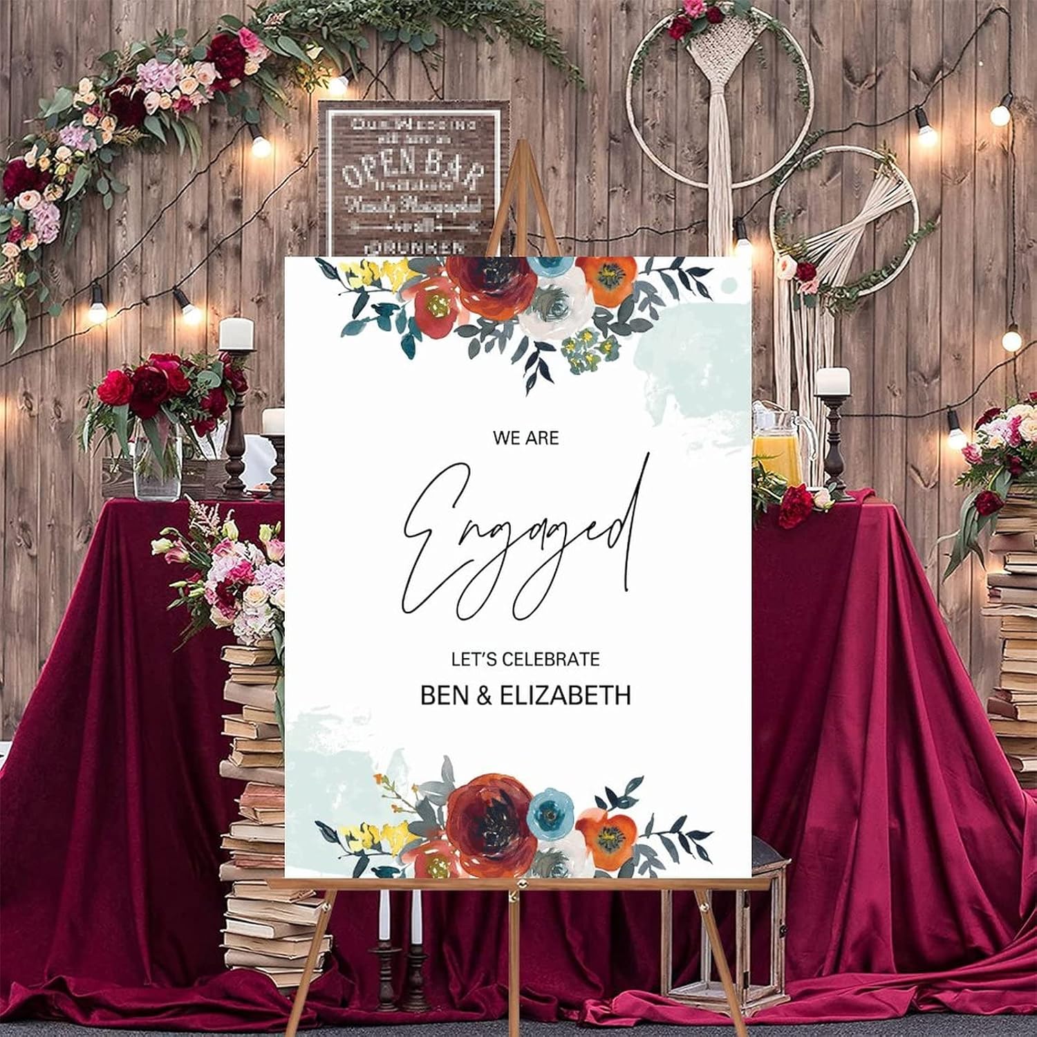 Customizable Red Floral Wood Wedding Welcome Sign 12x16 Inch