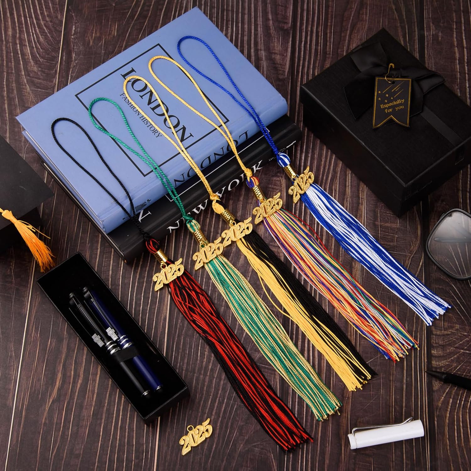12 Graduation Tassels with 2025 Black Red Charms