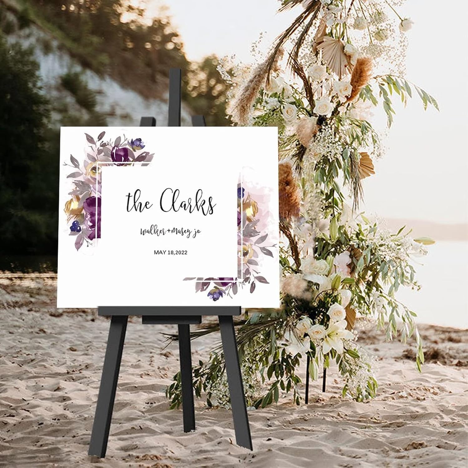 Customizable Purple Floral Wedding Welcome Sign 16x20 Inch
