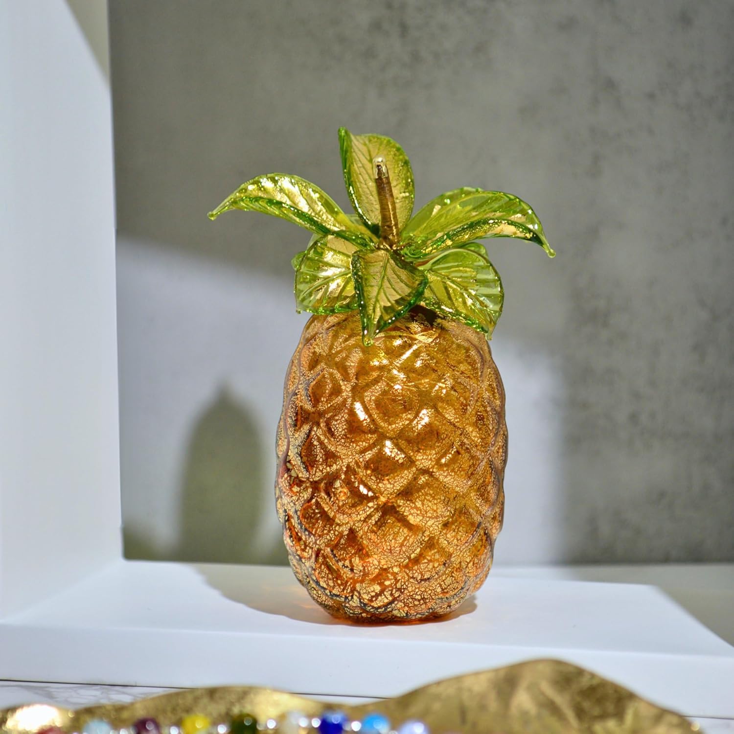 Artisan Crafted Murano Glass Pineapple Figurine Amber Green 45 Inch Tall