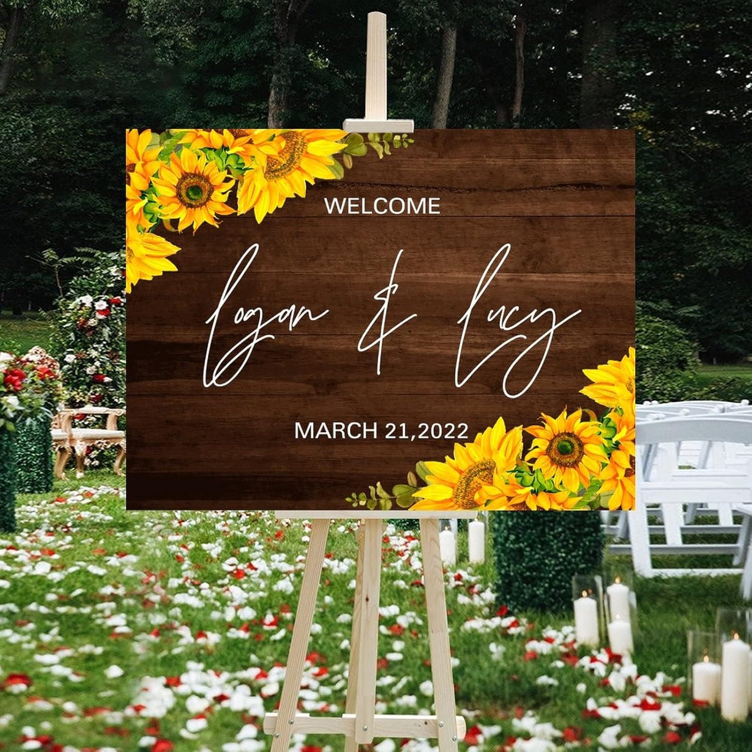 Customizable Wood Wedding Welcome Sign with Sunflowers