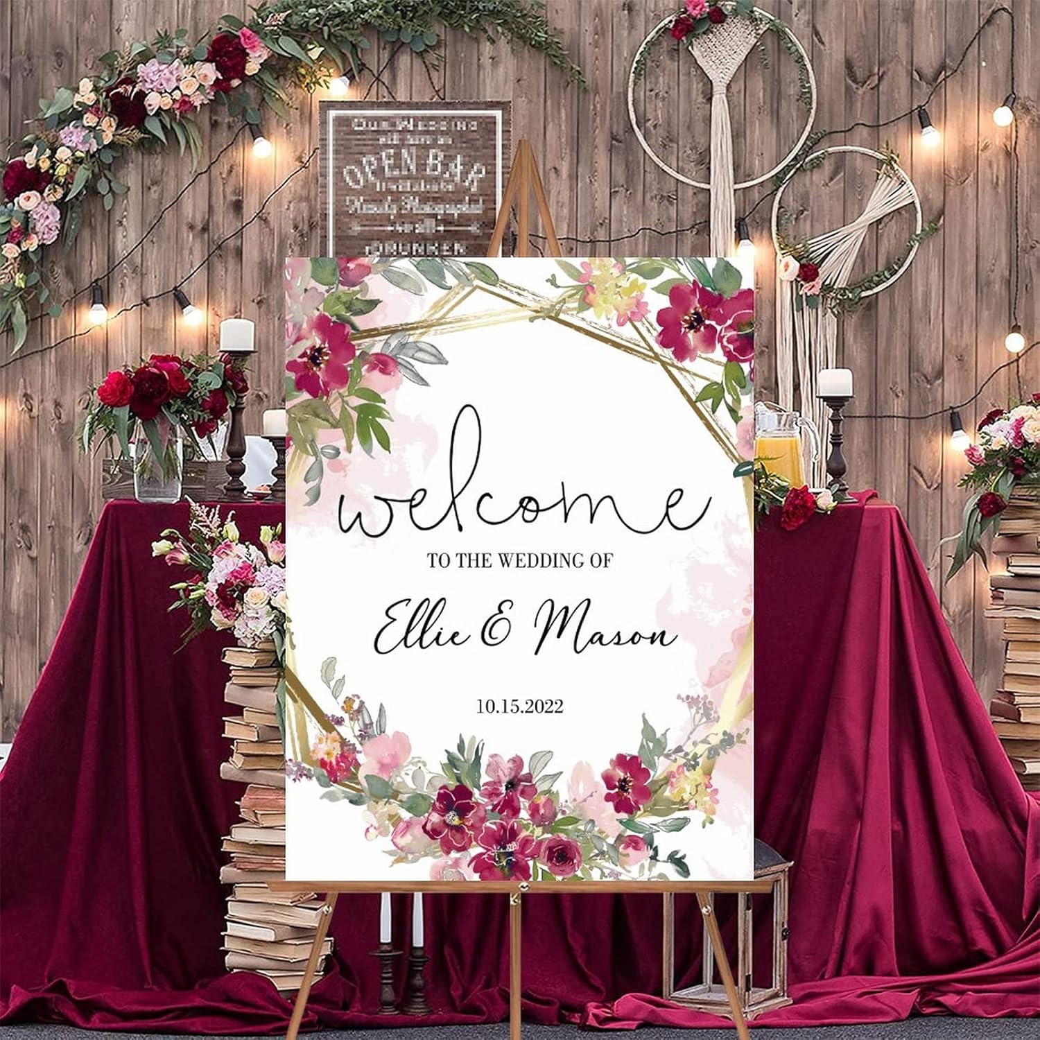 Custom Pink Floral Wood Wedding Welcome Sign 12x16 Inch