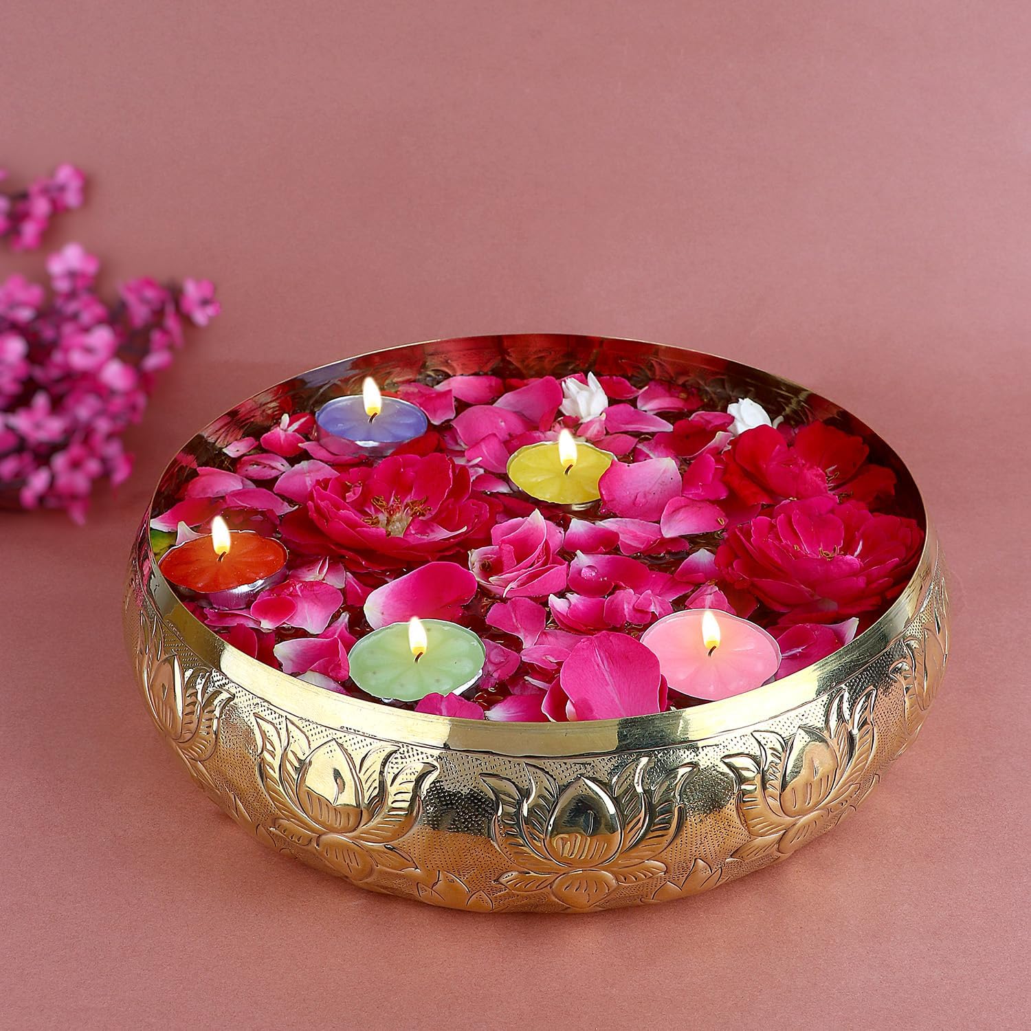 SATVIK Decorative 95 Inch Brass Urli with Floral Pattern