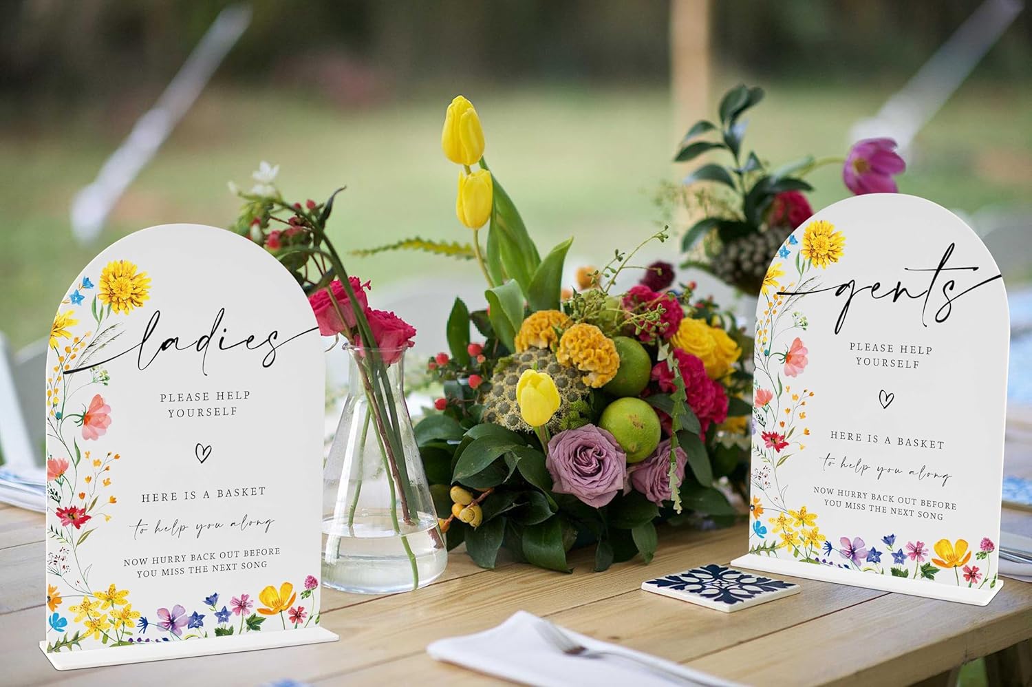 2 Pcs Floral Wedding Bathroom Signs with Holder