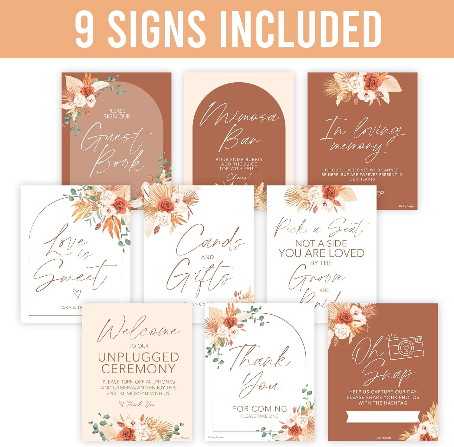 Hadley Designs Boho Wedding Signs Set 9 Pieces with 24 Thank You Cards