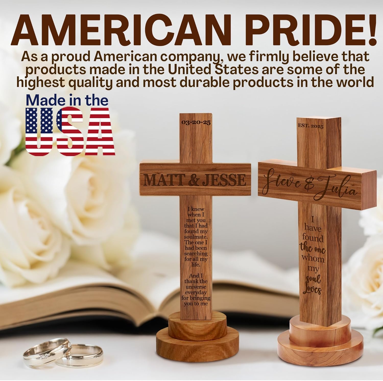 Personalized Wedding Cross Wood Sign with Engraved Names