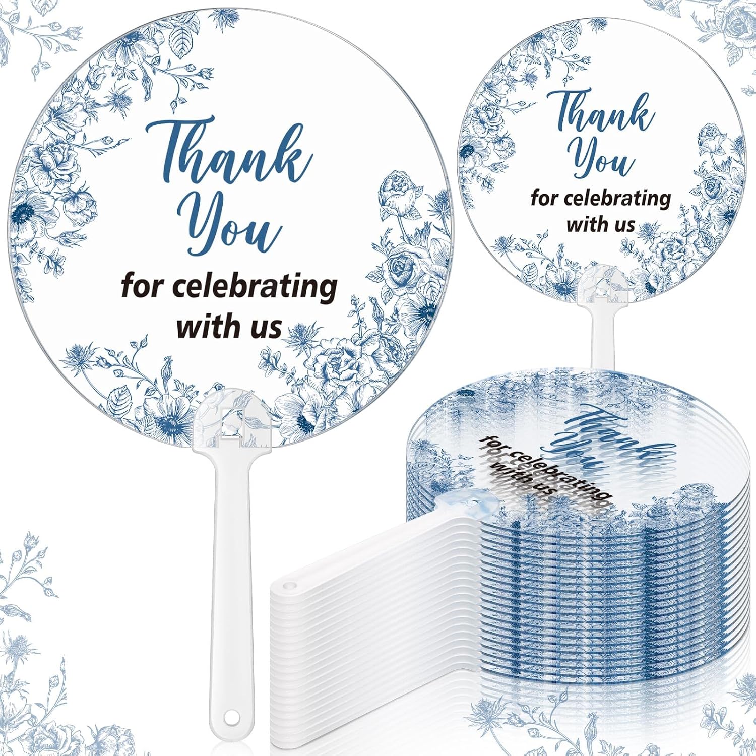 Geelin 50 Pcs Blue Flower Wedding Fans for Guests and Bridesmaids