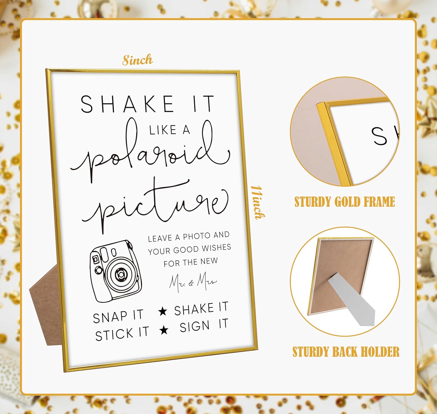 Elegant Gold Frame Wood Wedding Sign with Stand