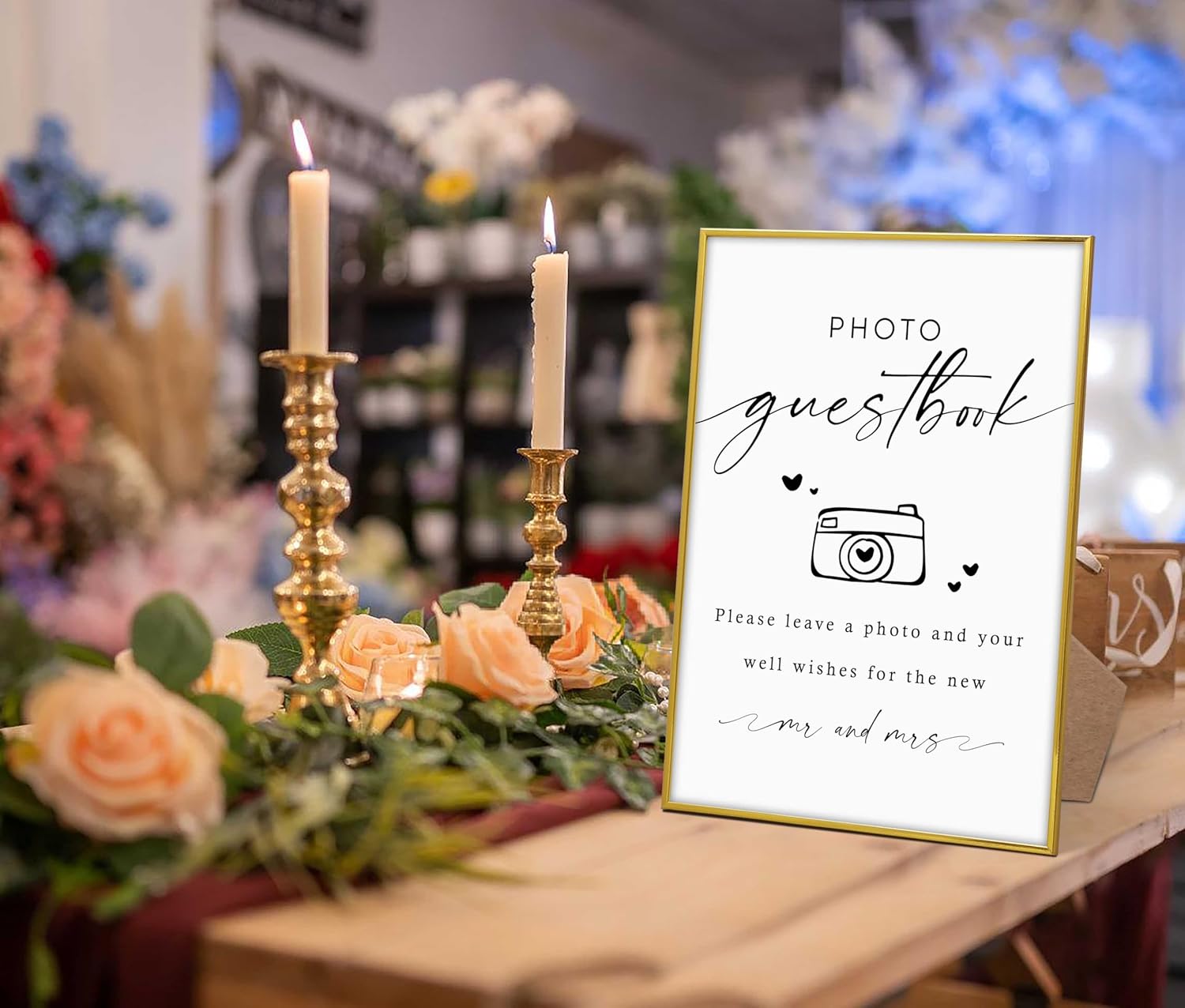 Gold Frame Wood Wedding Sign with Stand
