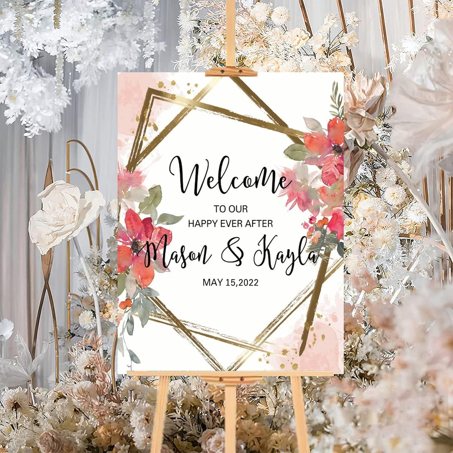 Alioyoit Red Floral Wreath Wedding Welcome Sign