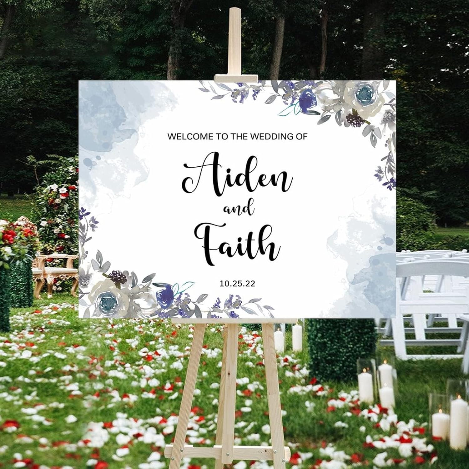 Customizable Blue Floral Luxury Wedding Welcome Sign