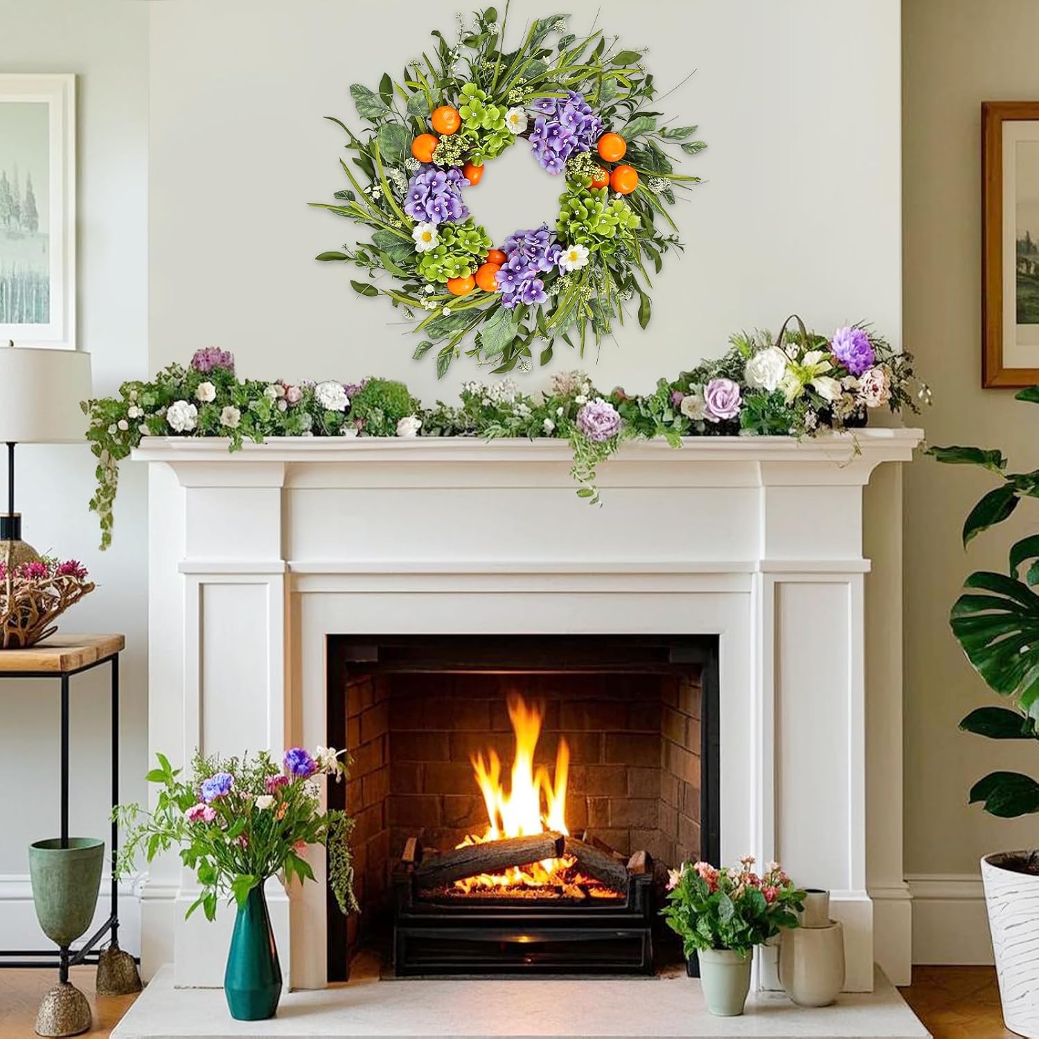 24 Inch Artificial Hydrangea Wreath with Realistic Fruit and Green Leaves