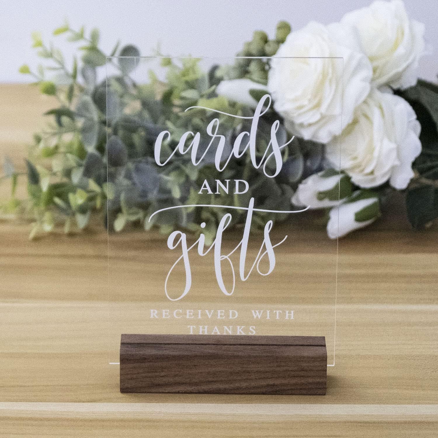 Clear Acrylic Gifts Cards Sign with Wood Stand
