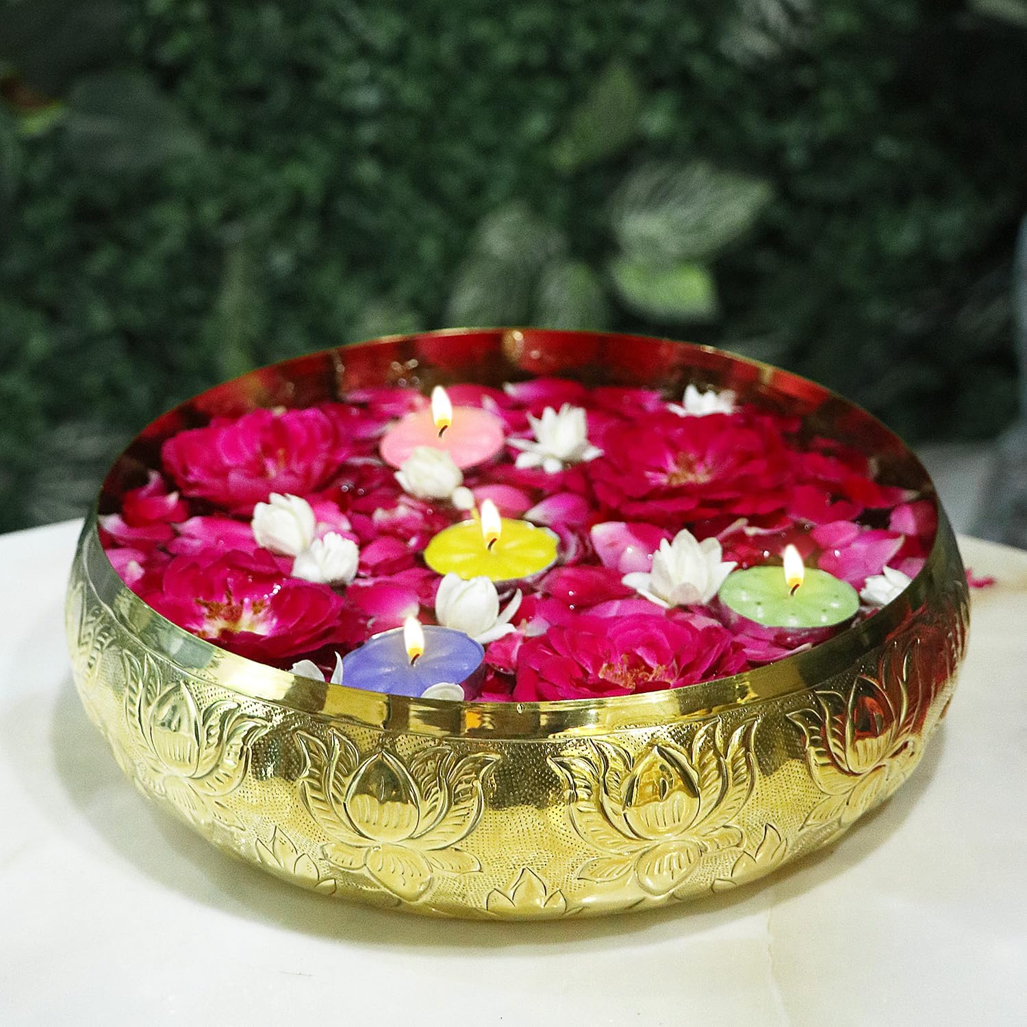 SATVIK Decorative 95 Inch Brass Urli with Floral Pattern