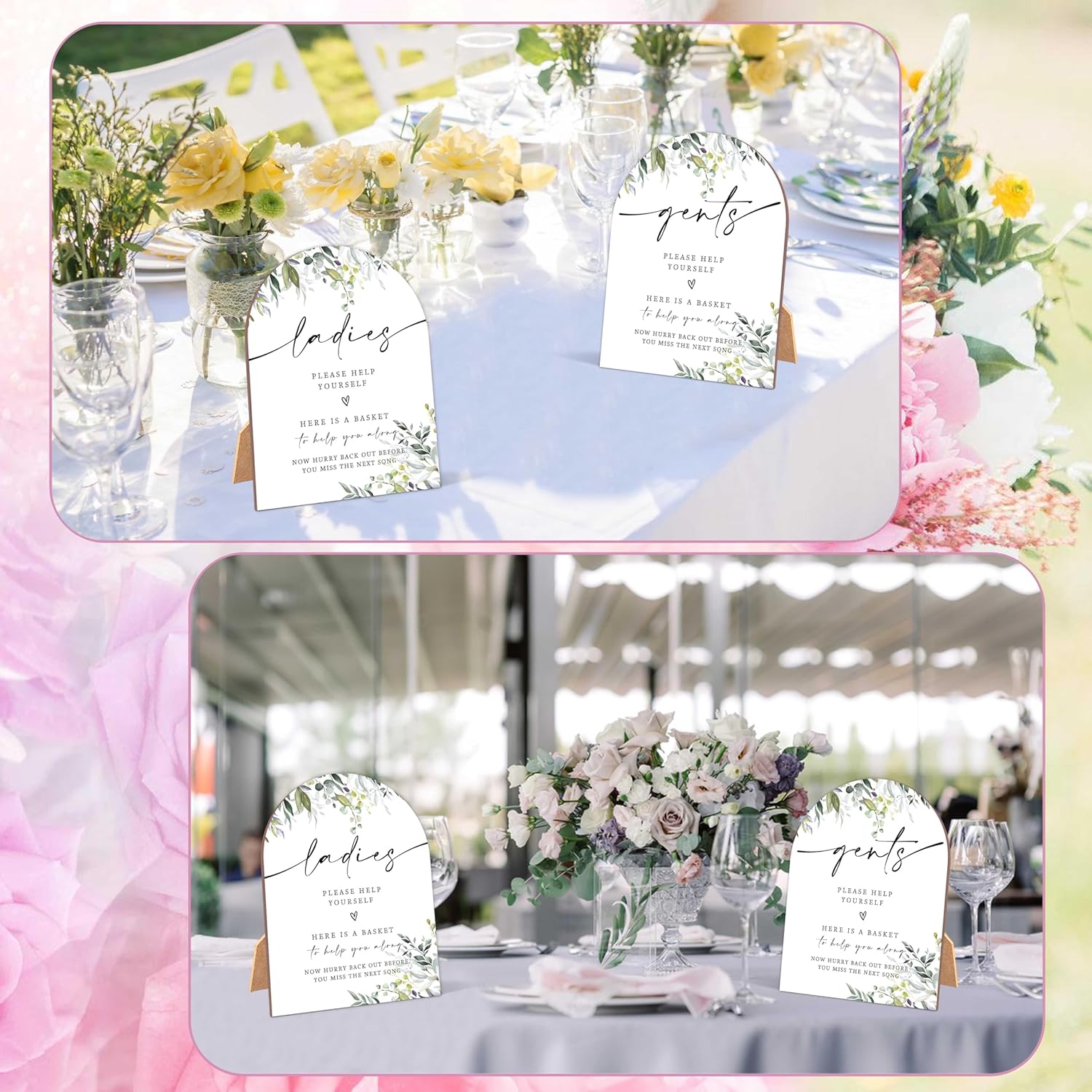 2 Pack Greenery Bathroom Basket Wedding Signs for Ladies Gents